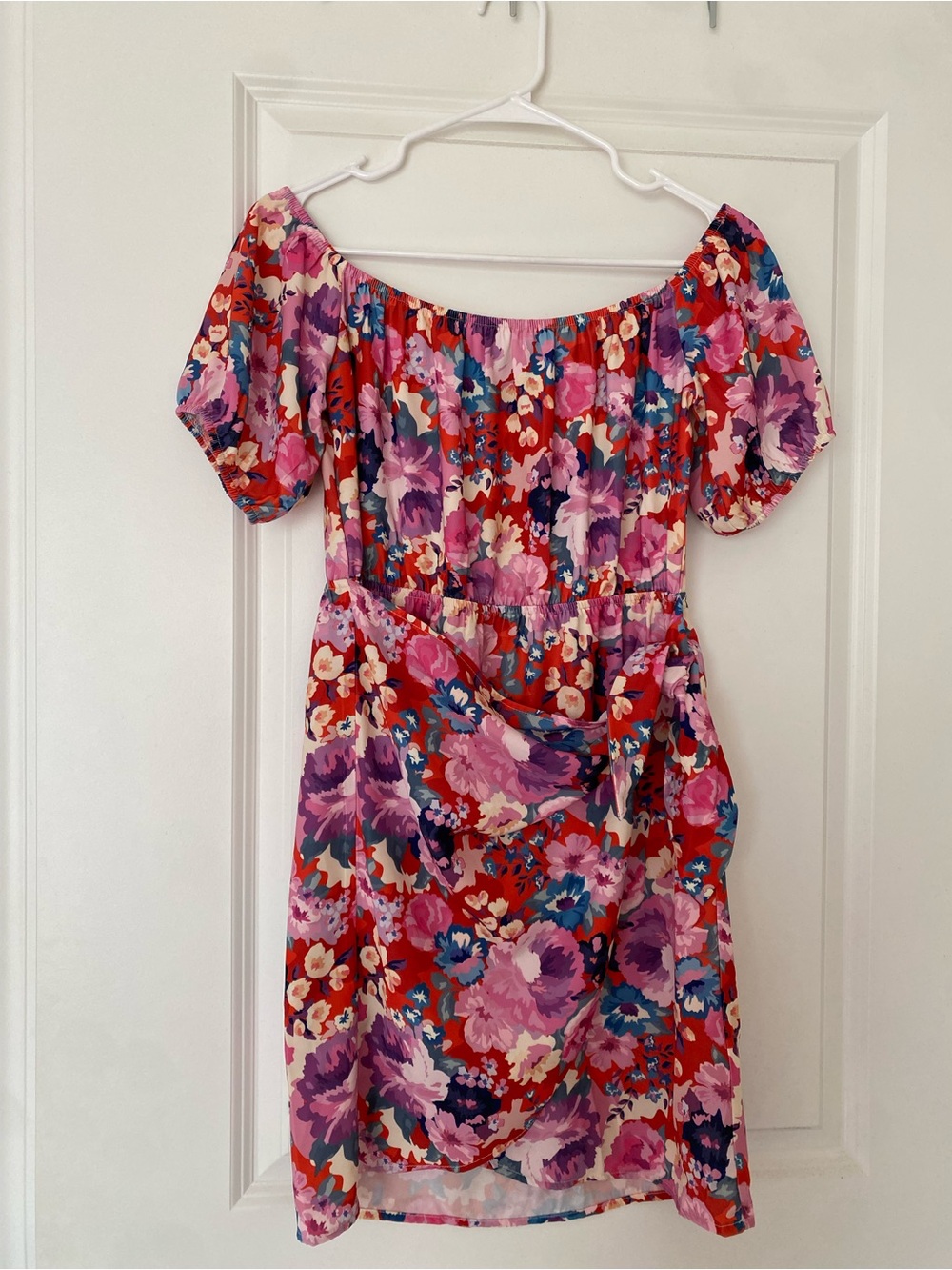 Kittenish Floral Mini Faux Wrap Off-the-Shoulder Mini Dress